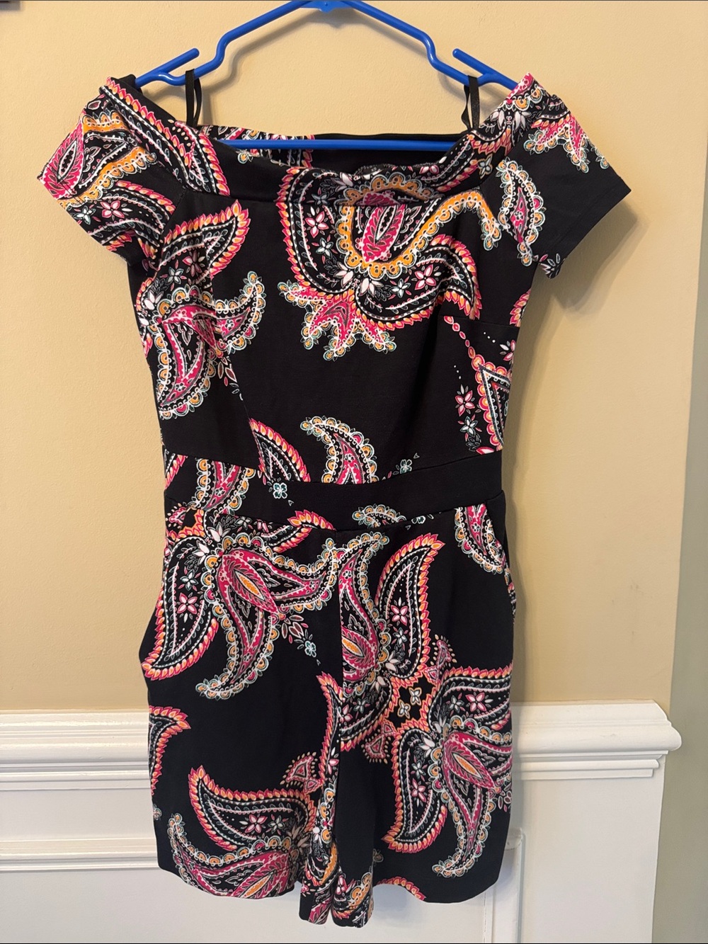 Off-Shoulder Black Paisley Romper with Pink and Orange Accents